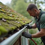 Un professionnel nettoie des chenaux de toiture pour éviter les dégâts d'eau.