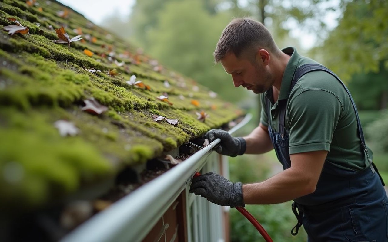 Un professionnel nettoie des chenaux de toiture pour éviter les dégâts d'eau.