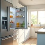 Réfrigérateur moderne avec aliments frais à l'intérieur, dans une cuisine lumineuse.