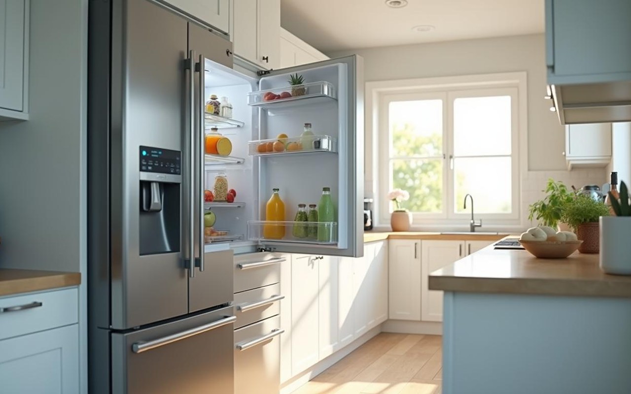 Réfrigérateur moderne avec aliments frais à l'intérieur, dans une cuisine lumineuse.