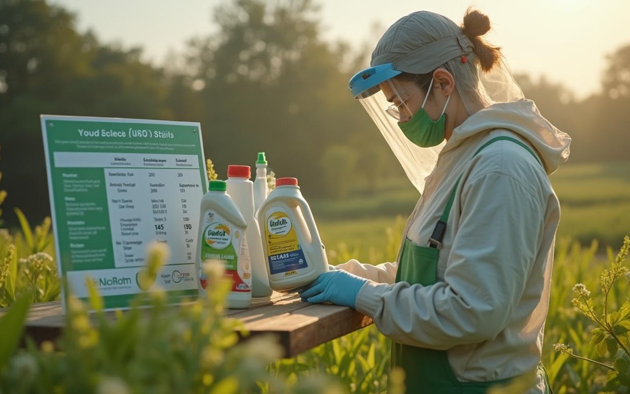 Préparation d'une solution d'herbicide Garlon Star par un professionnel en agriculture.
