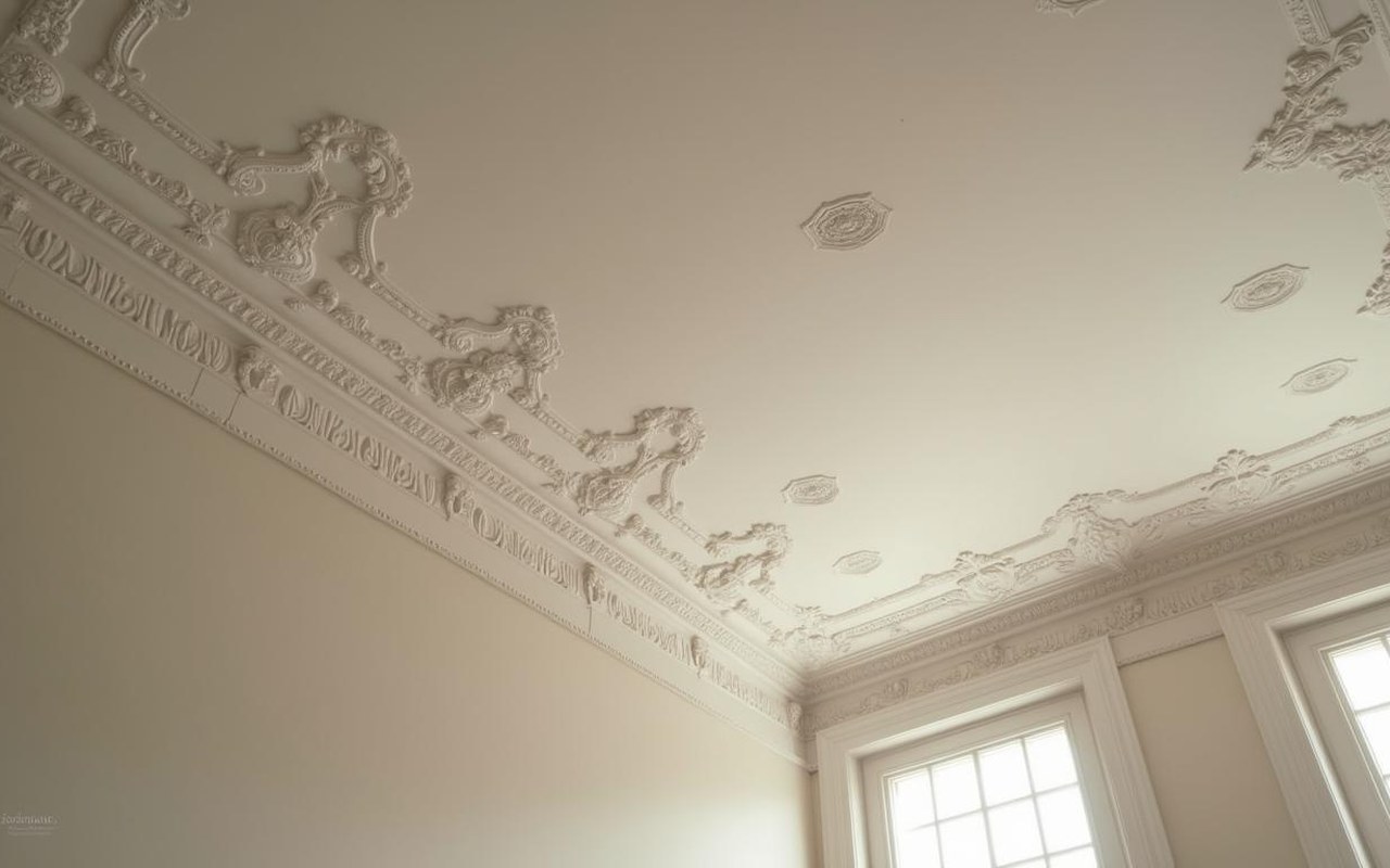 Intérieur haussmannien avec moulures de plafond élégantes et rosaces décoratives.