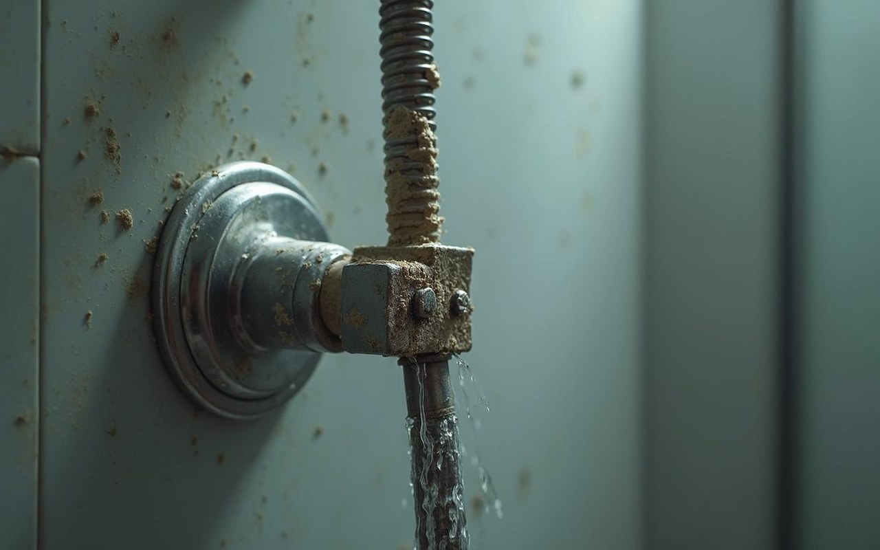 Douche italienne moderne avec siphon désamorcé et résidus visibles