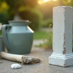 Poteau en béton extérieur peint avec outils de peinture dans un jardin.