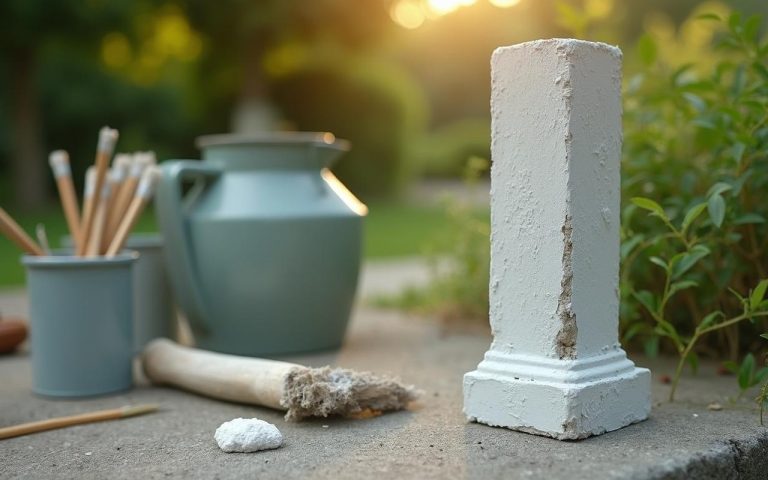 Poteau en béton extérieur peint avec outils de peinture dans un jardin.