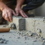 Artisan posant une couvertine en béton sur un muret avec du mortier.