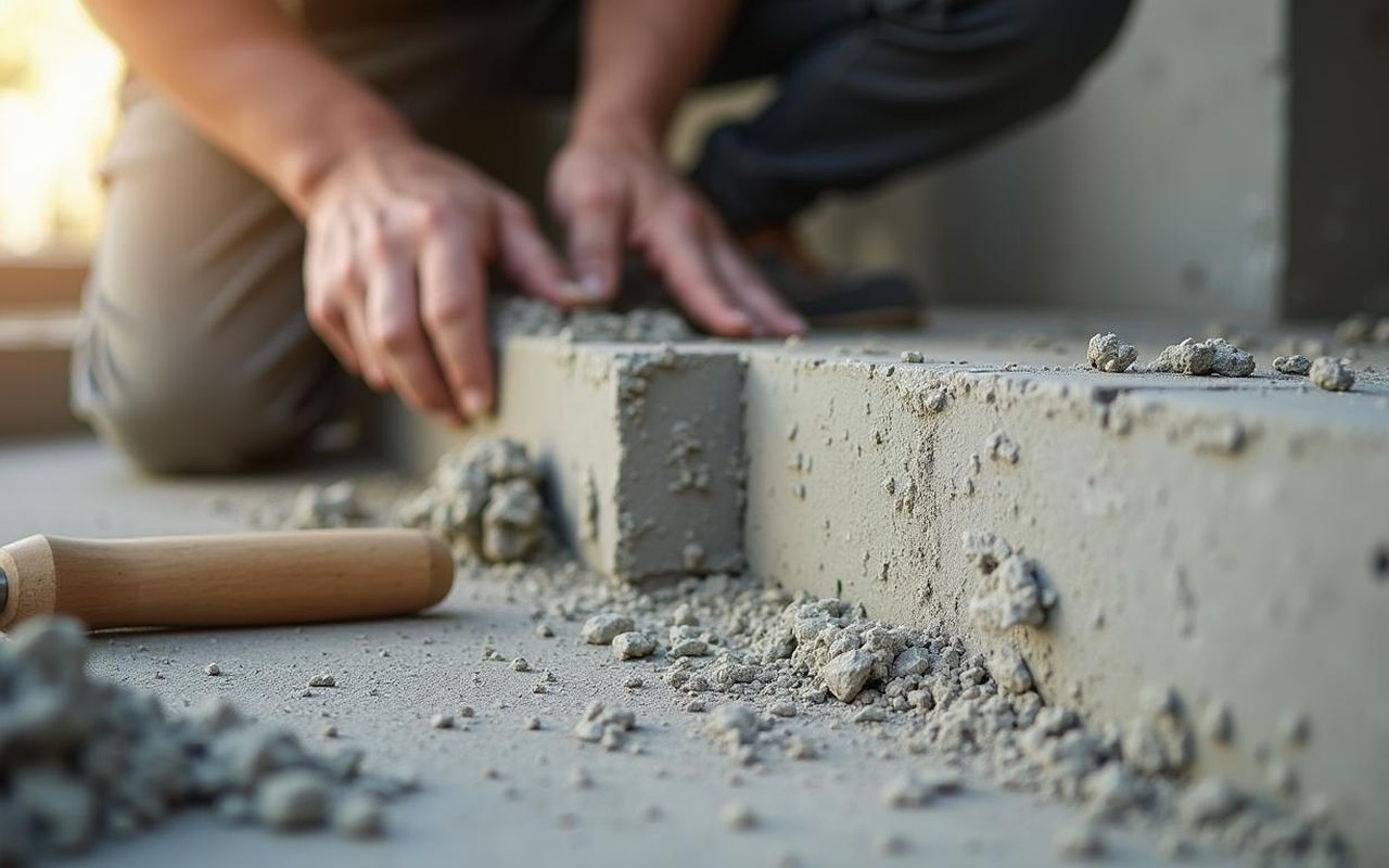 Artisan posant une couvertine en béton sur un muret avec du mortier.