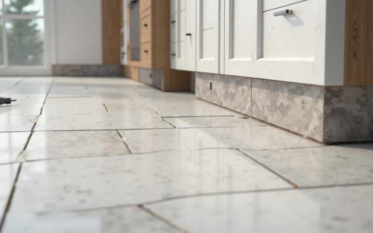 Pose de plinthes carrelage dans une cuisine moderne avec différents matériaux.