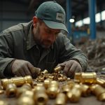 Ferrailleur examinant des morceaux de laiton usagé dans un environnement de recyclage.
