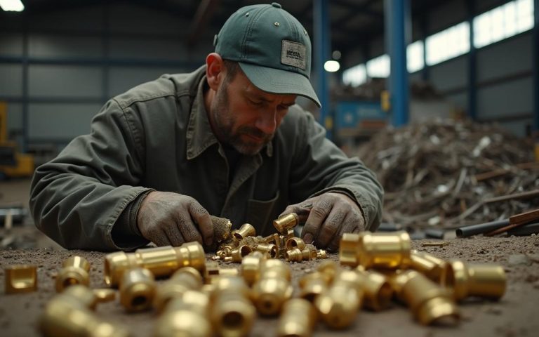 Ferrailleur examinant des morceaux de laiton usagé dans un environnement de recyclage.