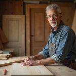 Artisan menuisier travaillant le bois pour fabriquer des portes dans un atelier.