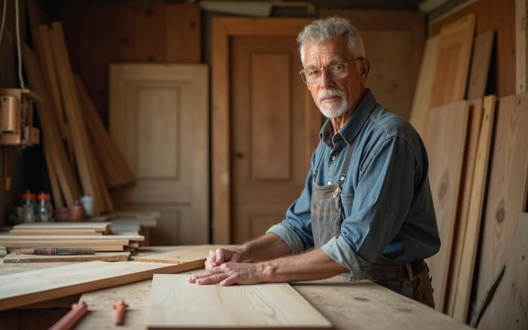 Artisan menuisier travaillant le bois pour fabriquer des portes dans un atelier.