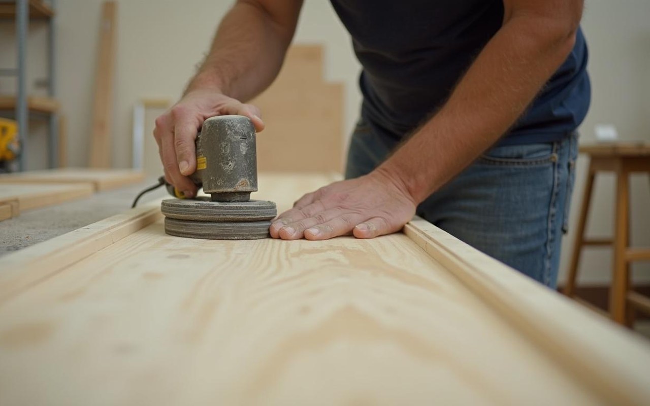 Artisan préparant du lambris pour application d'enduit, outils visibles.