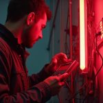 Électricien diagnostiquant un néon clignotant avec des outils de sécurité.