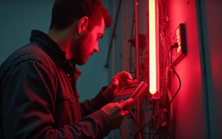 Électricien diagnostiquant un néon clignotant avec des outils de sécurité.