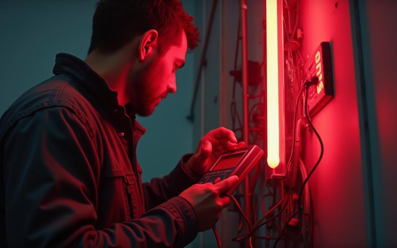 Électricien diagnostiquant un néon clignotant avec des outils de sécurité.