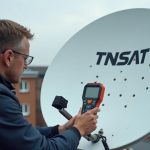 Technicien diagnostiquant une tête de parabole TNTSAT sur un toit.