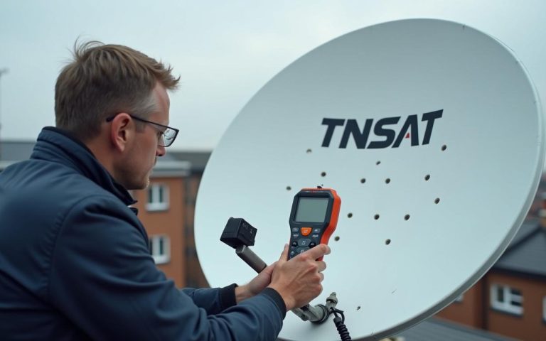 Technicien diagnostiquant une tête de parabole TNTSAT sur un toit.