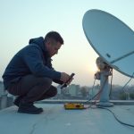 Technicien testant une tête de parabole LNB sur un toit avec des outils de diagnostic.