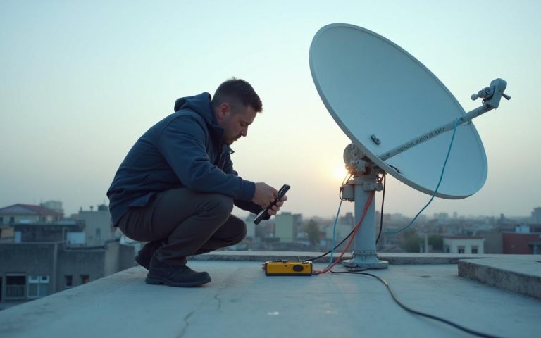 Technicien testant une tête de parabole LNB sur un toit avec des outils de diagnostic.