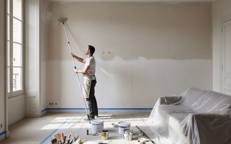 Artisan préparant un chantier de peinture intérieure avec outils et surfaces à diagnostiquer.