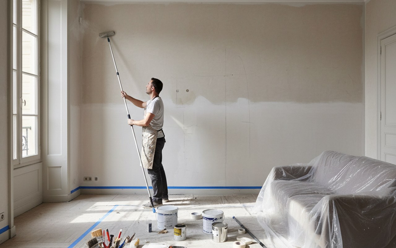 Artisan préparant un chantier de peinture intérieure avec outils et surfaces à diagnostiquer.