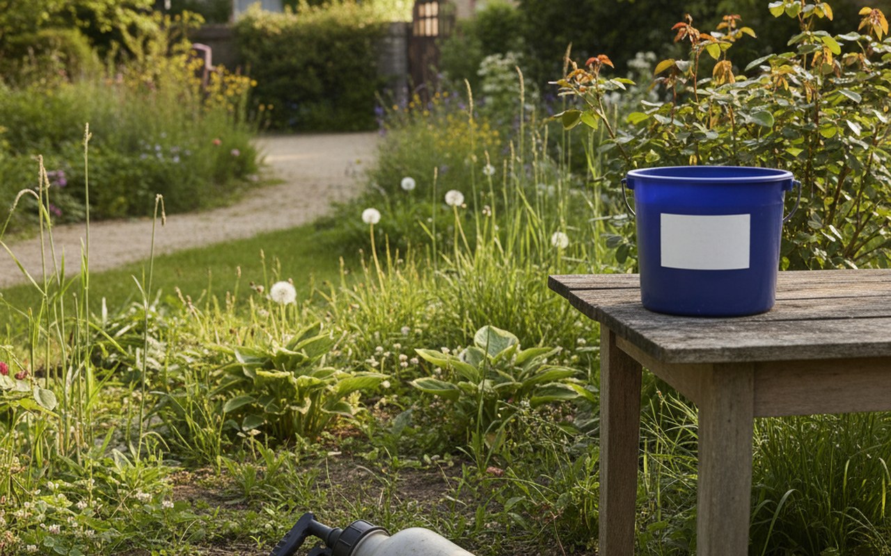Jardin avec des mauvaises herbes et pulvérisateur à côté d'un seau d'AdBlue.