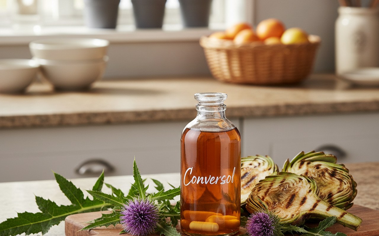 Flacon de Conversol avec ingrédients naturels pour la santé du foie et de la thyroïde.