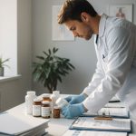 Professionnel de santé évaluant des compléments alimentaires dans un cabinet médical.