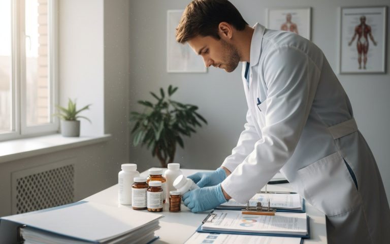 Professionnel de santé évaluant des compléments alimentaires dans un cabinet médical.