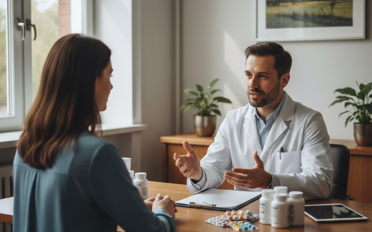 Consultation médicale sur les traitements de l'hypothyroïdie avec médicaments sur la table.