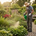 Un jardinier pulvérise de l'AdBlue sur des mauvaises herbes dans son jardin.