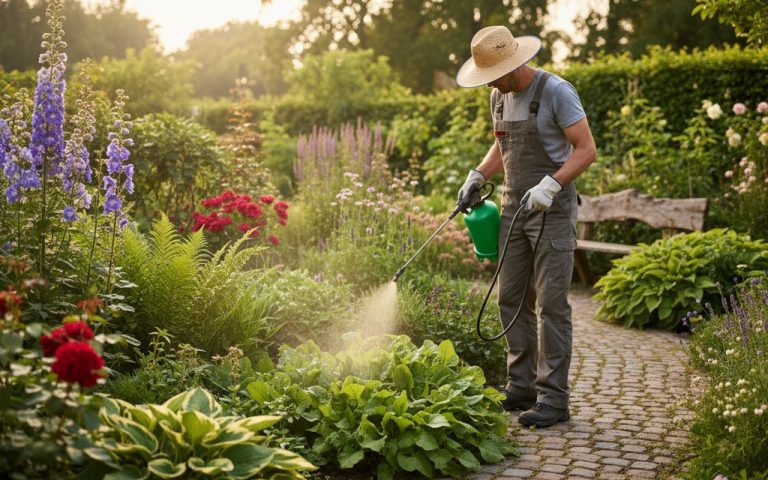 Un jardinier pulvérise de l'AdBlue sur des mauvaises herbes dans son jardin.