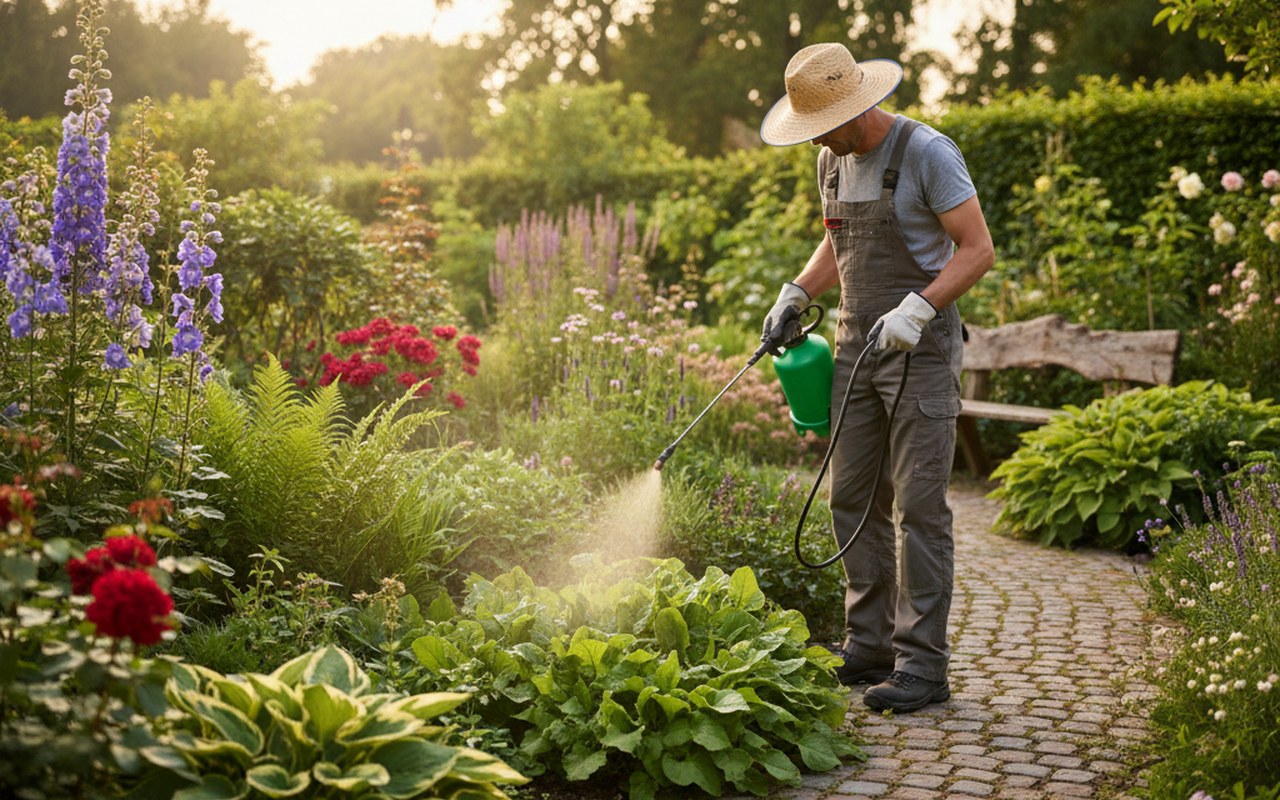 Un jardinier pulvérise de l'AdBlue sur des mauvaises herbes dans son jardin.