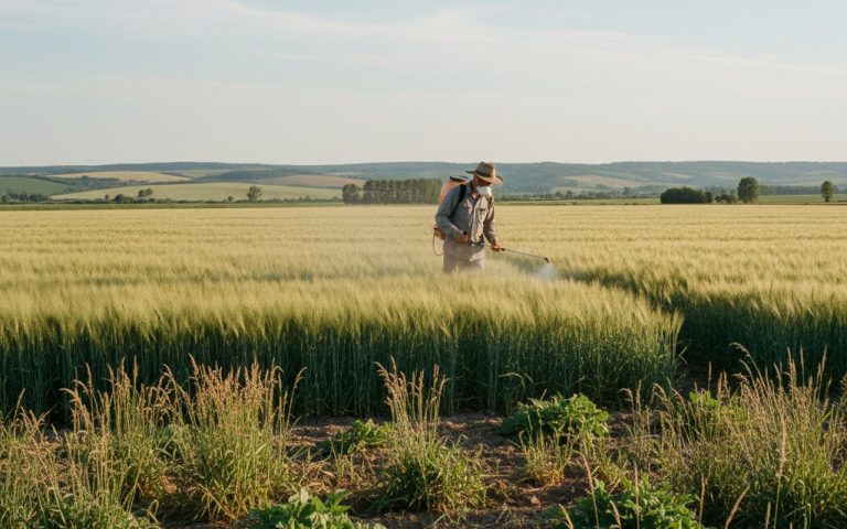 Agriculteur appliquant un désherbant glyphosate sur un champ de céréales.
