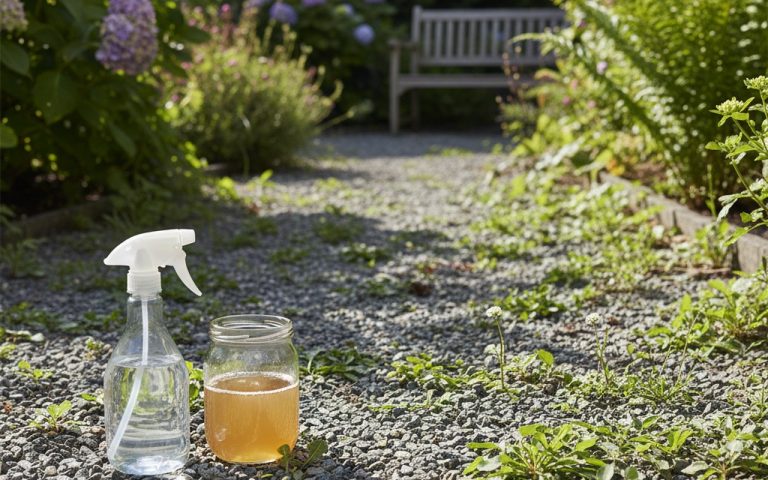 Désherbant naturel à base de vinaigre et sel dans un jardin avec mauvaises herbes visibles.