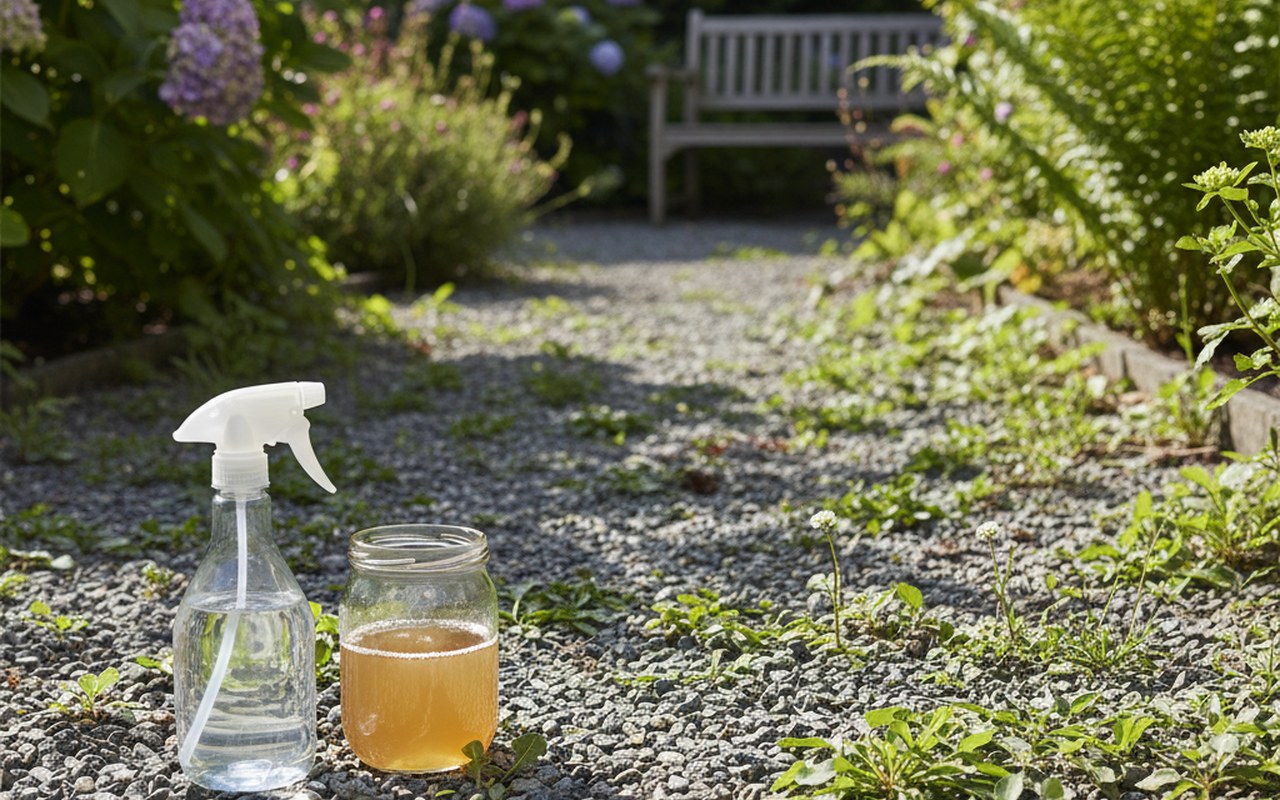 Désherbant naturel à base de vinaigre et sel dans un jardin avec mauvaises herbes visibles.