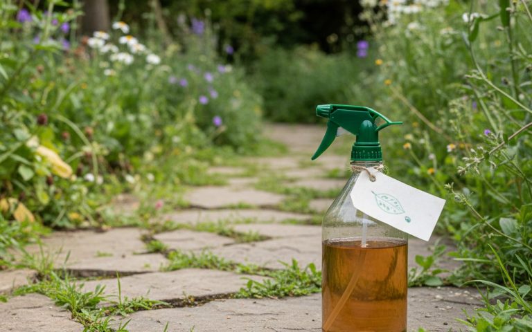 Application d'un désherbant maison à base de vinaigre et sel sur des mauvaises herbes dans un jardin.