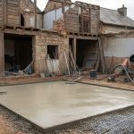Chantier de rénovation d'une maison ancienne avec dalle en béton sur terre battue.