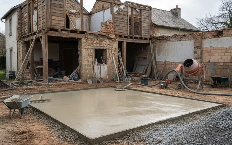Chantier de rénovation d'une maison ancienne avec dalle en béton sur terre battue.