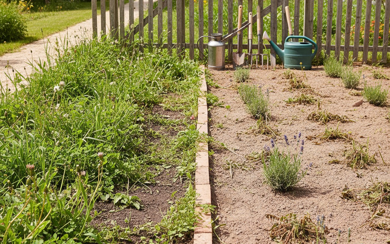 Transformation d'un jardin avec désherbant, montrant des zones avec et sans mauvaises herbes.