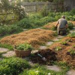 Jardin avec mauvaises herbes et méthodes de désherbage alternatives comme le paillage.