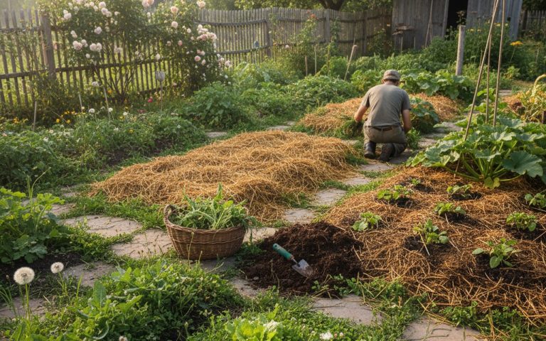 Jardin avec mauvaises herbes et méthodes de désherbage alternatives comme le paillage.