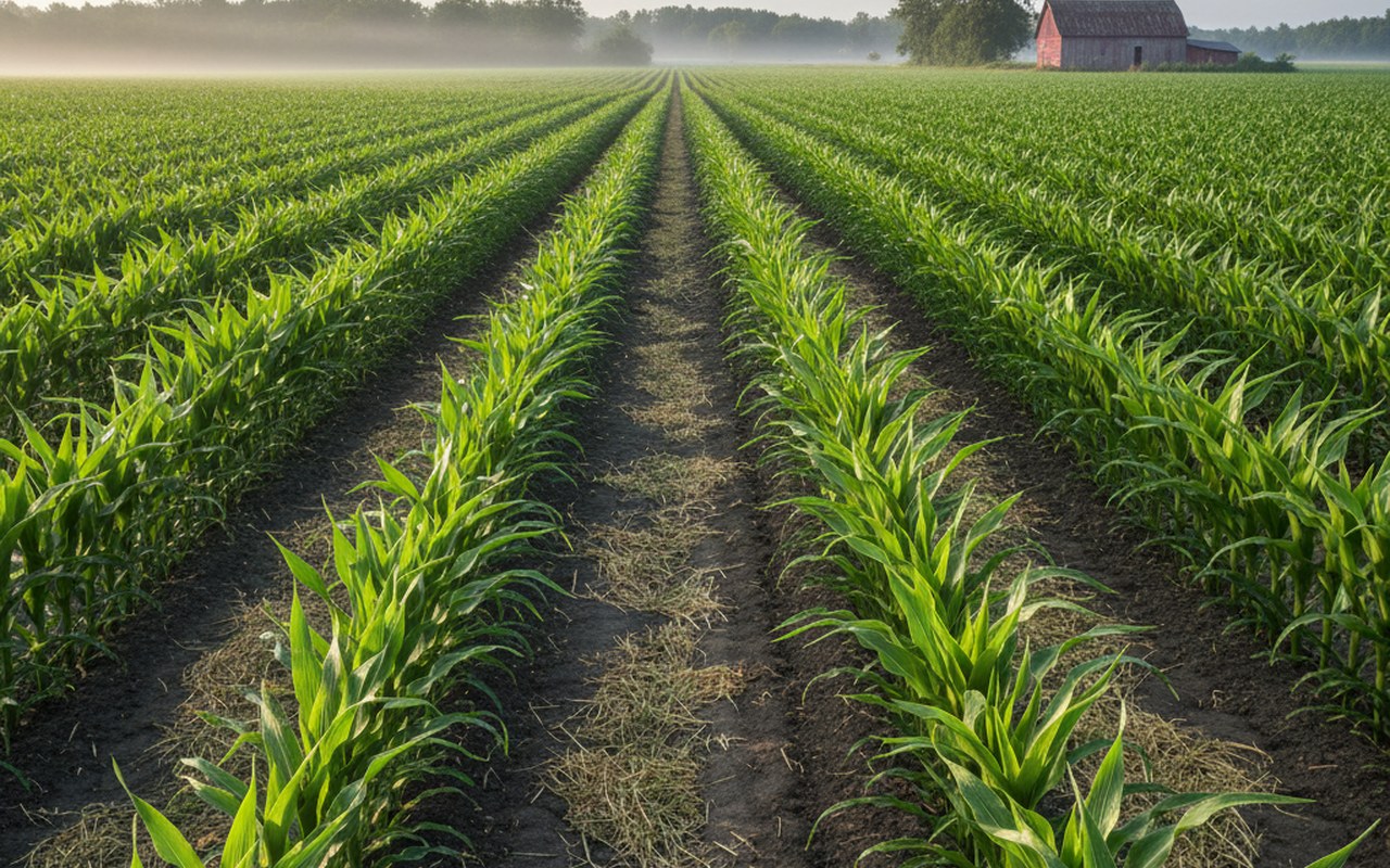 Champ agricole illustrant l'usage du glyphosate pour le désherbage des cultures.