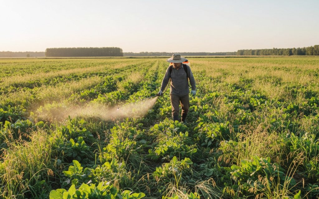 Agriculteur appliquant du glyphosate sur des plantes indésirables dans un champ.