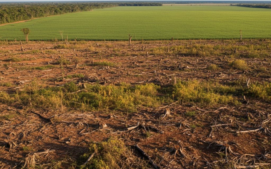 Déforestation en Amazonie avec des champs de soja, illustrant l'impact du glyphosate.