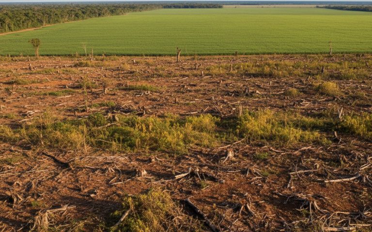 Déforestation en Amazonie avec des champs de soja, illustrant l'impact du glyphosate.