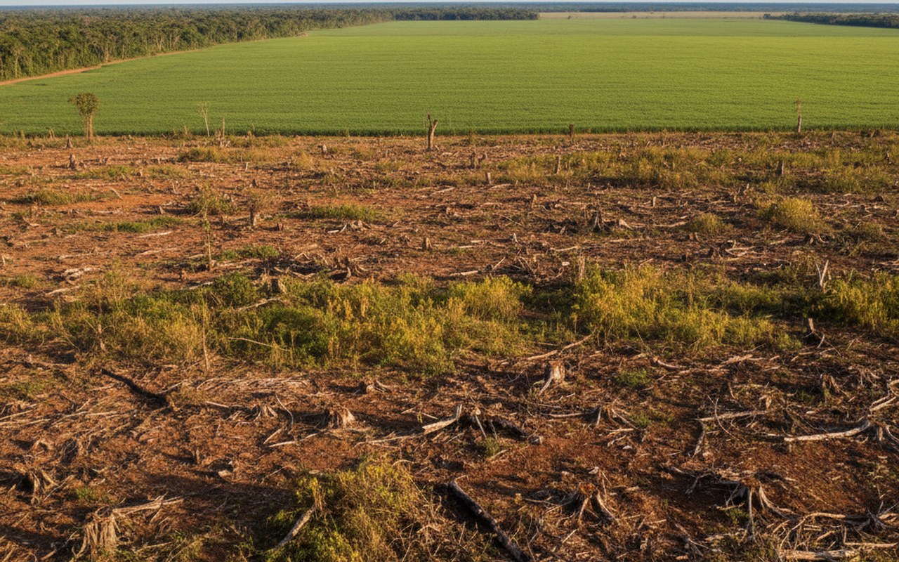 Déforestation en Amazonie avec des champs de soja, illustrant l'impact du glyphosate.