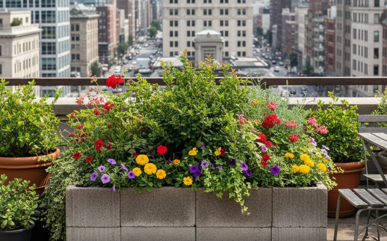 Jardinière en parpaing sans fondation sur une terrasse urbaine avec des plantes fleuries.