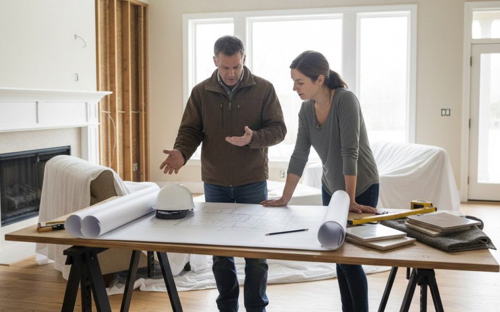 Artisan et propriétaire discutant de travaux de rénovation dans une maison.